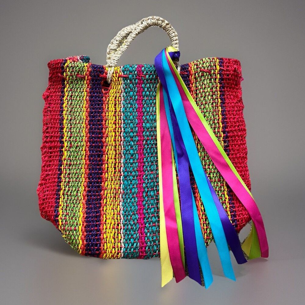Colorful Rainbow Stripe Mexican Jute Tote Bag Purse Hand Made Boho Dopamine Chic